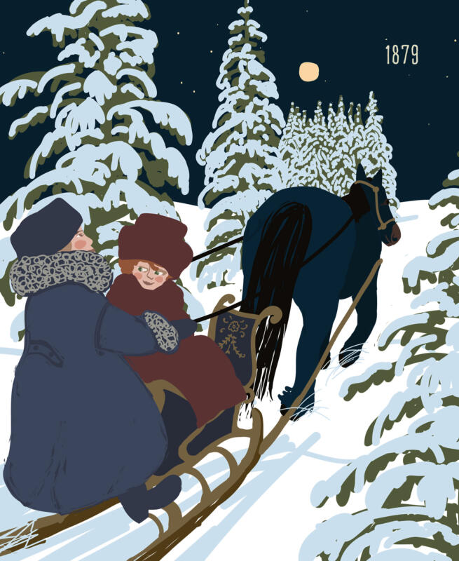 Vinterbild med snötyngda granar där Pontus skjutsar hem Henrika i en släde dragen av en häst.