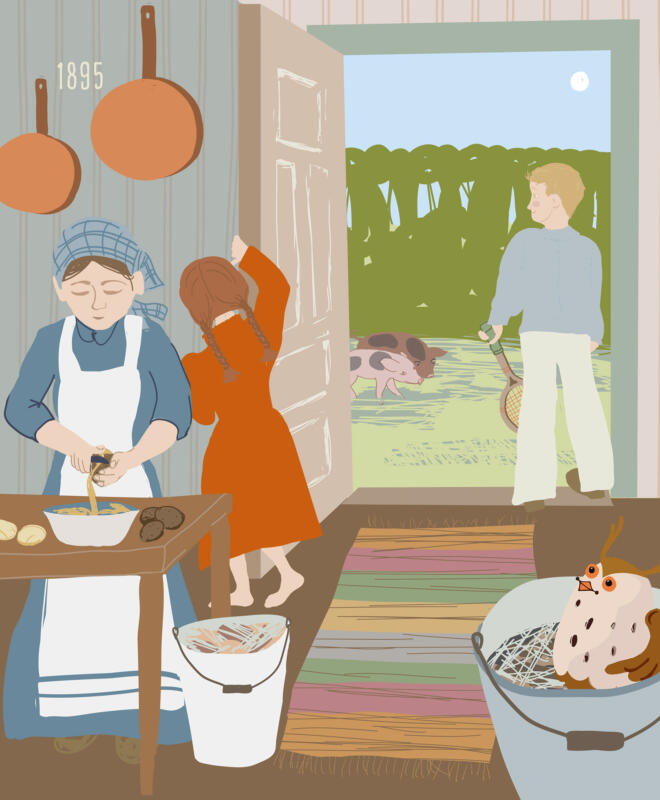 En piga skalar potatis i köket. Barnen letar efter sin bror som sitter på dass. Grisarna går i trädgården och väntar på potatisskalen.