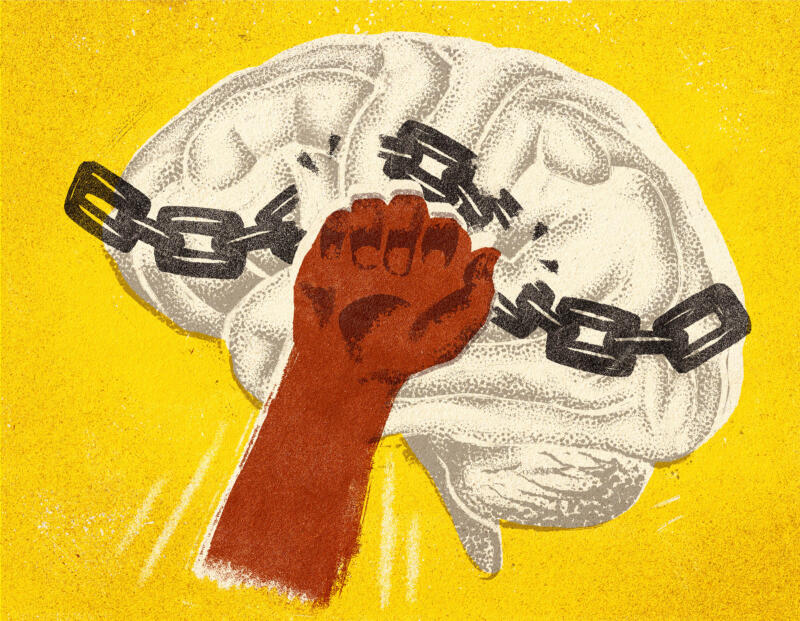 "Decolonize your mind", an illustration by a book about Frantz Fanon, "The Rebel's Clinic: The Revolutionary Lives of Frantz Fanon" by Adam Shatz. Een leven in revoluties