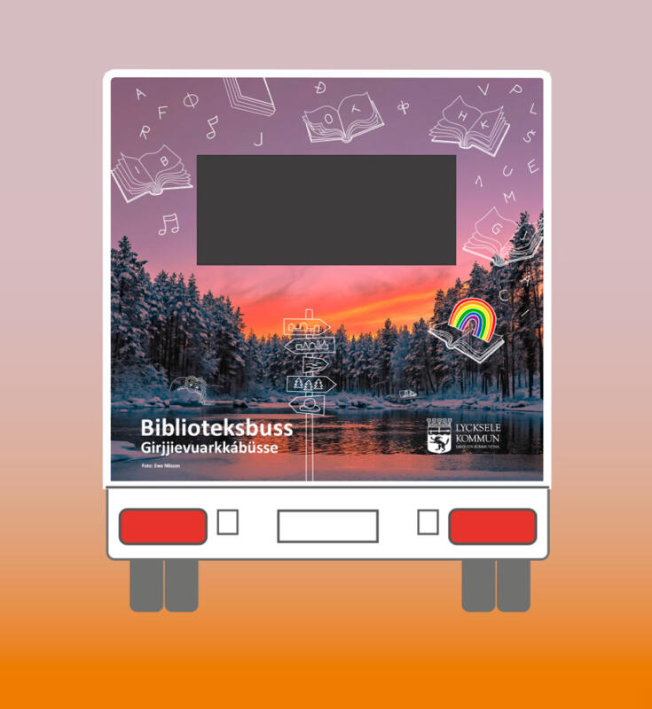Baksidan av bokbussen. Fotocollage med linjära illustrationer ovanpå.