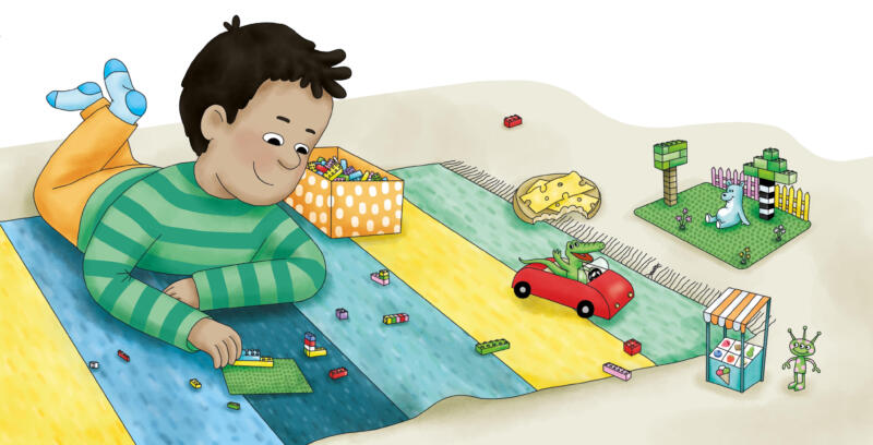 Illustration till bilderbokens inlaga. Huvudkaraktären Ahmad leker på golvet.