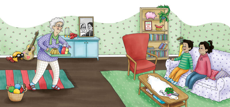 Illustration till bilderbokens inlaga. Ahmad och hans syster hälsar på sin nya granne.