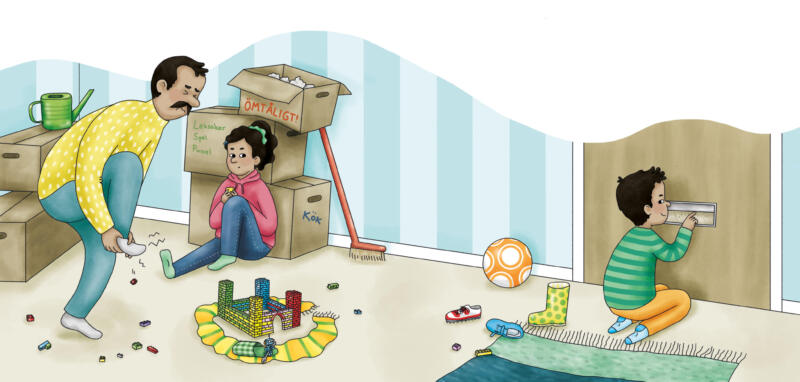 Illustration till bilderbokens inlaga. Familjen och flyttkaoset i nya hallen.