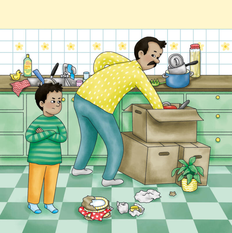 Illustration till bilderbokens inlaga. Tråkiga pappa packar upp i köket.