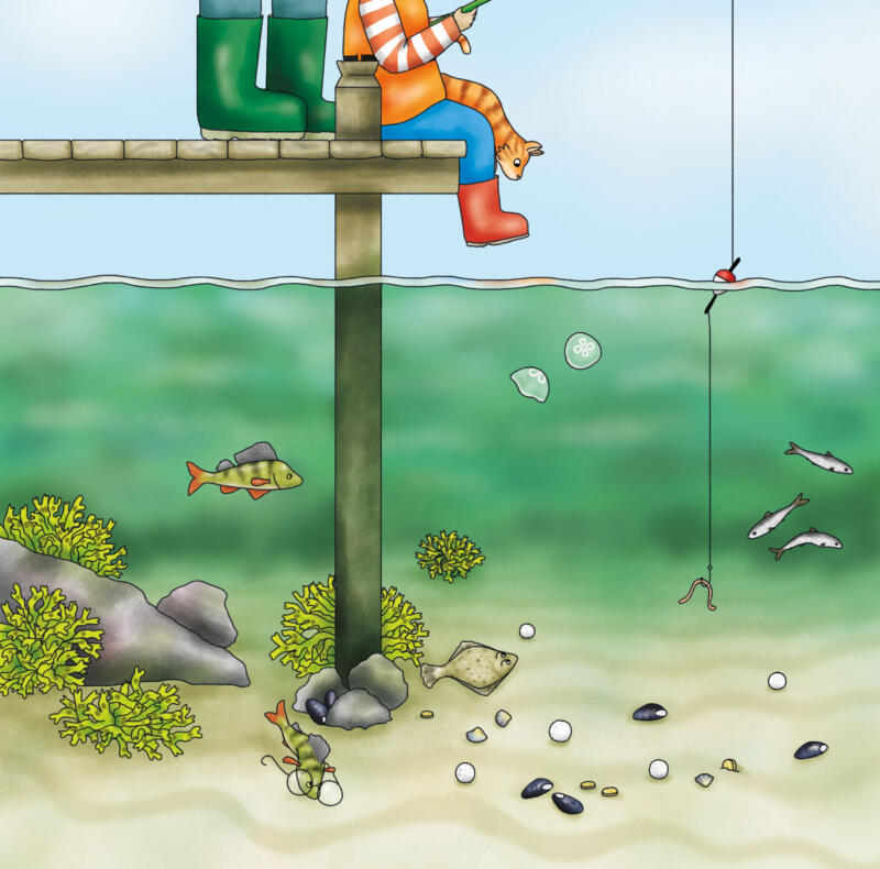 Illustration till bilderbok. Under vattenytan.