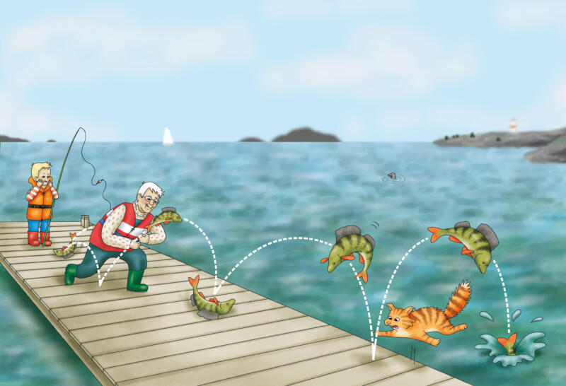 Illustration till bilderbok. Abborren hoppar iväg längs med bryggan och ner i vattnet.