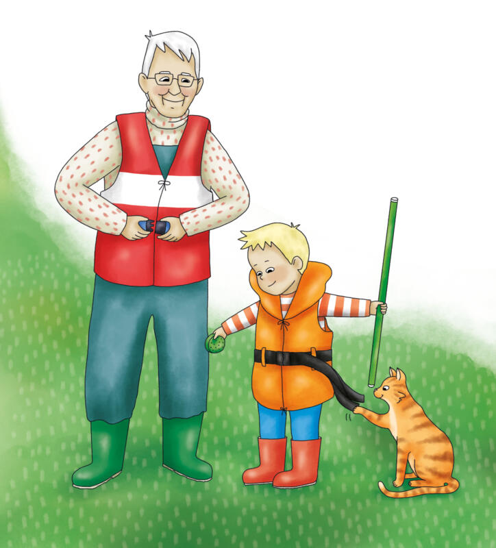 Illustration till bilderbokens inlaga. Ted och farbror Kjell tar på sig flytvästar.