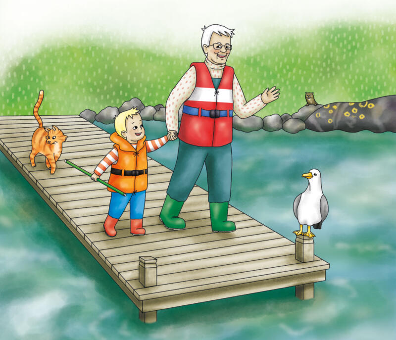 Illustration till bilderbokens inlaga. Ted och Kjell går ut på bryggan för att fiska.