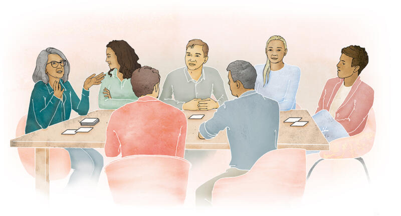 Illustration av kvinna och män i samtalsgrupp vid ett bord