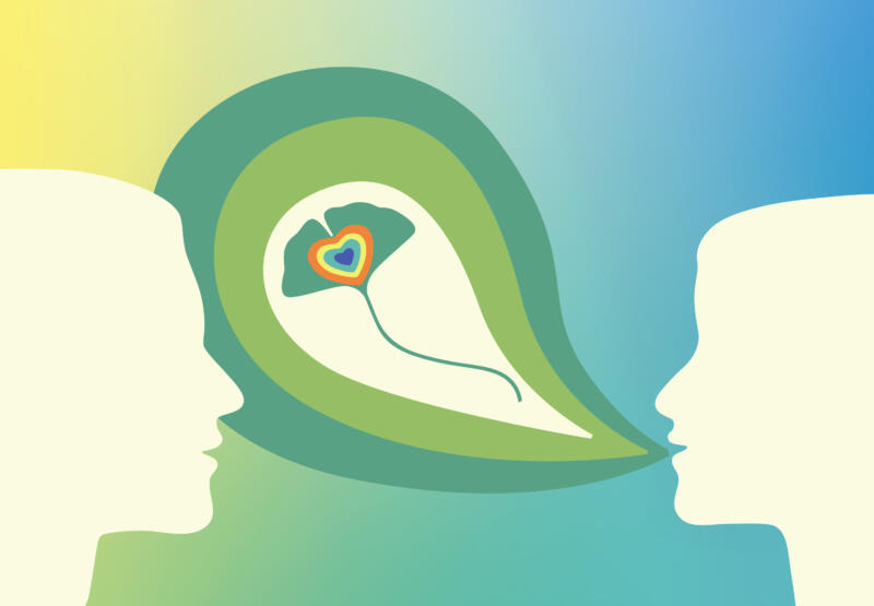 Man och kvinna samtalar. En pratbubbla med en ginkgoblomma som symboliserar lycka, harmoni, kärlek