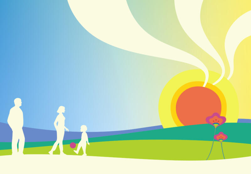 Family spending time in the nature. Boy playing football. Sunset, sea and mountains.