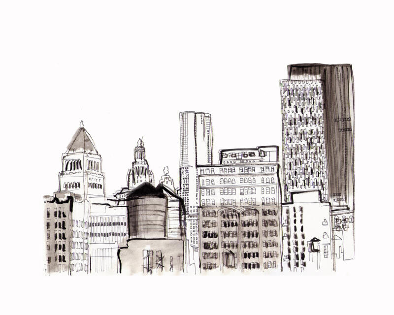 Iconic New York City TriBeCa view with highrise silhouettes and water towers in ink and fine liner pen. 