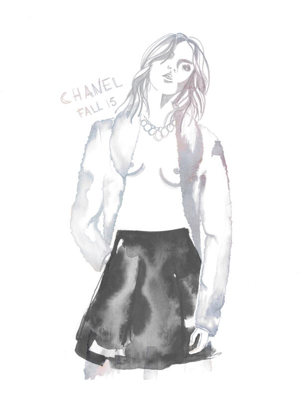 Fashion illustration of Chanel Fall 2015 collection. Model wearing a skirt and a coat. Water color and pencil illustration.