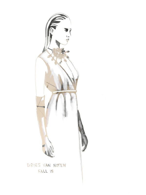 Fashion illustration of Dries Van Noten Fall 2015 collection. Model wearing a dress. Water color and pencil illustration.