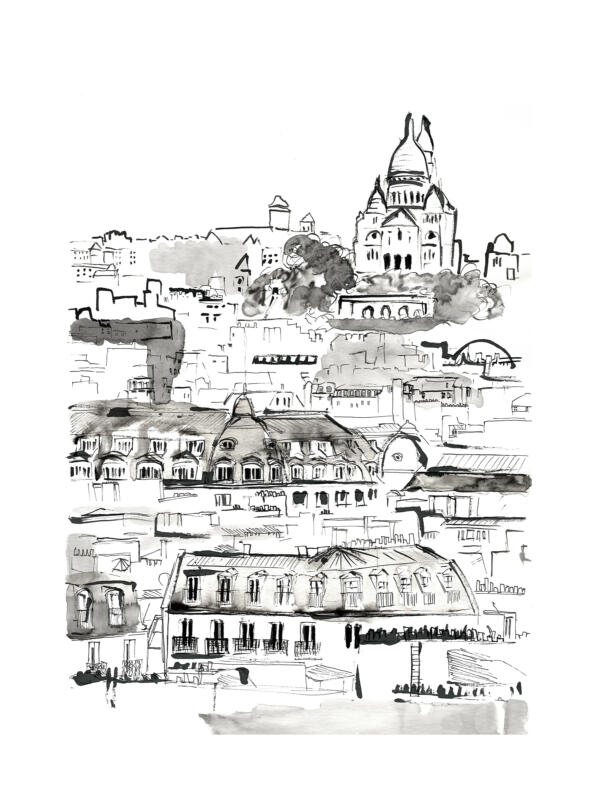 View over Paris with Le Sacré Coeur in the background in ink