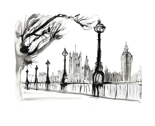 Ink drawing of London Thames view with Big Ben in the background with street lights and trees in the foreground.
