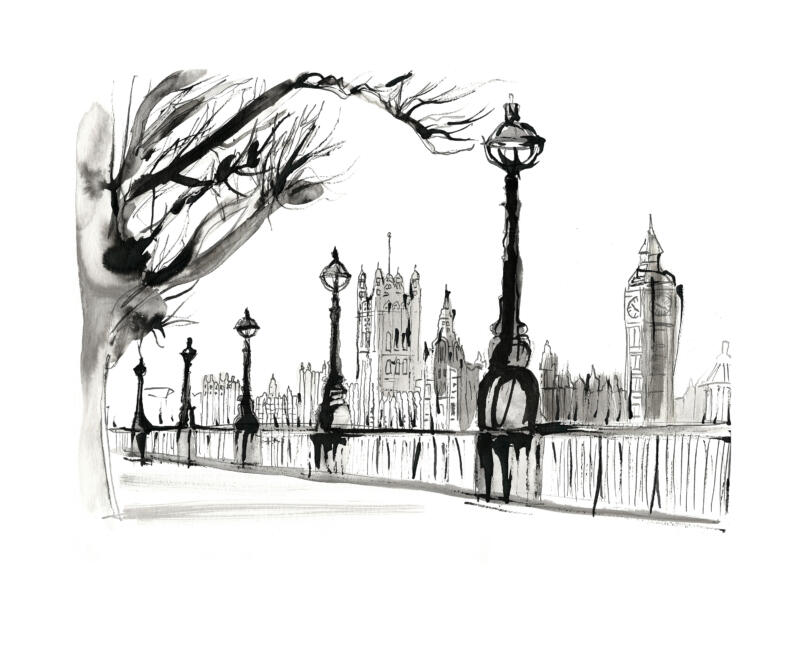 Ink drawing of London Thames view with Big Ben in the background with street lights and trees in the foreground.