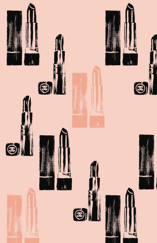 A bold repeat print featuring hand-drawn lipstick motifs in black and peach on a soft background. The design combines graphic brushwork with a playful layout, creating a chic, fashion-inspired pattern suited for textiles, packaging, or branding.
