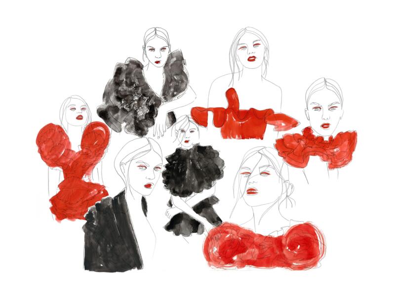 Editorial fashion illustration of McQueen collection. Pencil and water color mixed media.