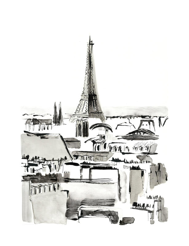 Eifel tower view over Paris roof tops in ink