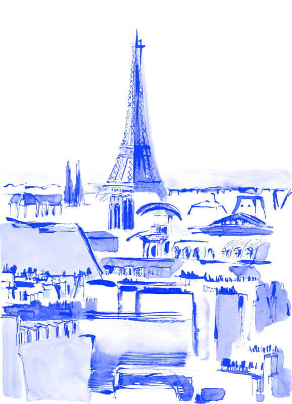 Eifel tower view over Paris roof tops in Klein blue ink