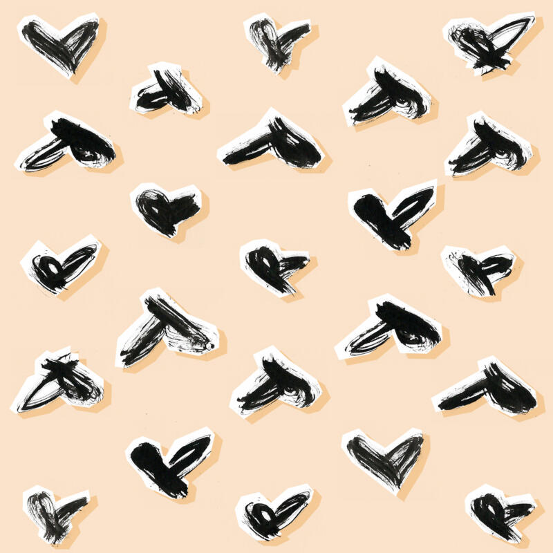 Lekfull mönsterrapport av hjärtan i flera färgställningar i en stil influerad av modedesign för användning till förpackning eller som bakgrund