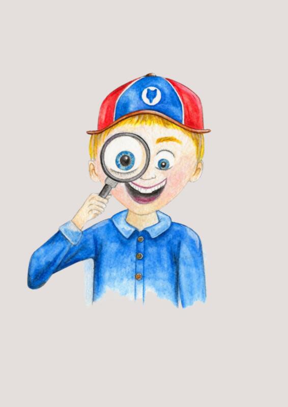 En pojke som står med ett förstoringsglas.