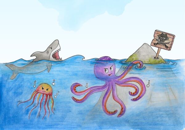 Faror i havet med haj, manet, bläckfisk och pirater.