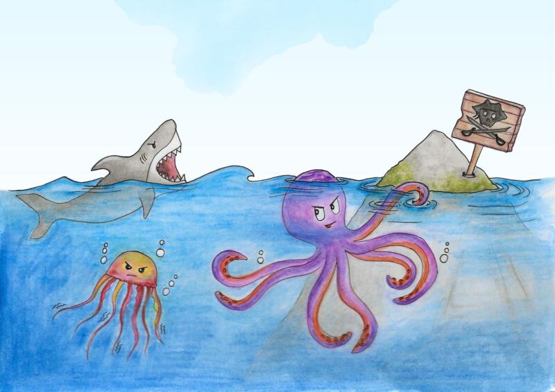 Faror i havet med haj, manet, bläckfisk och pirater.