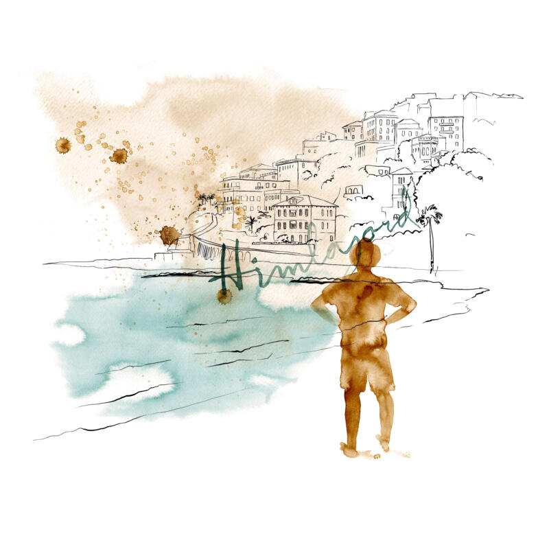 Illustration av en man som står på en strand i Italien och tittar ut över havet. Illustrationen är gjord i akvarell och tusch i brunt och blått.