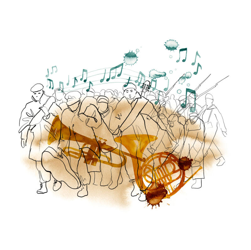 Människor i grupp som går. Siluetter av intrument