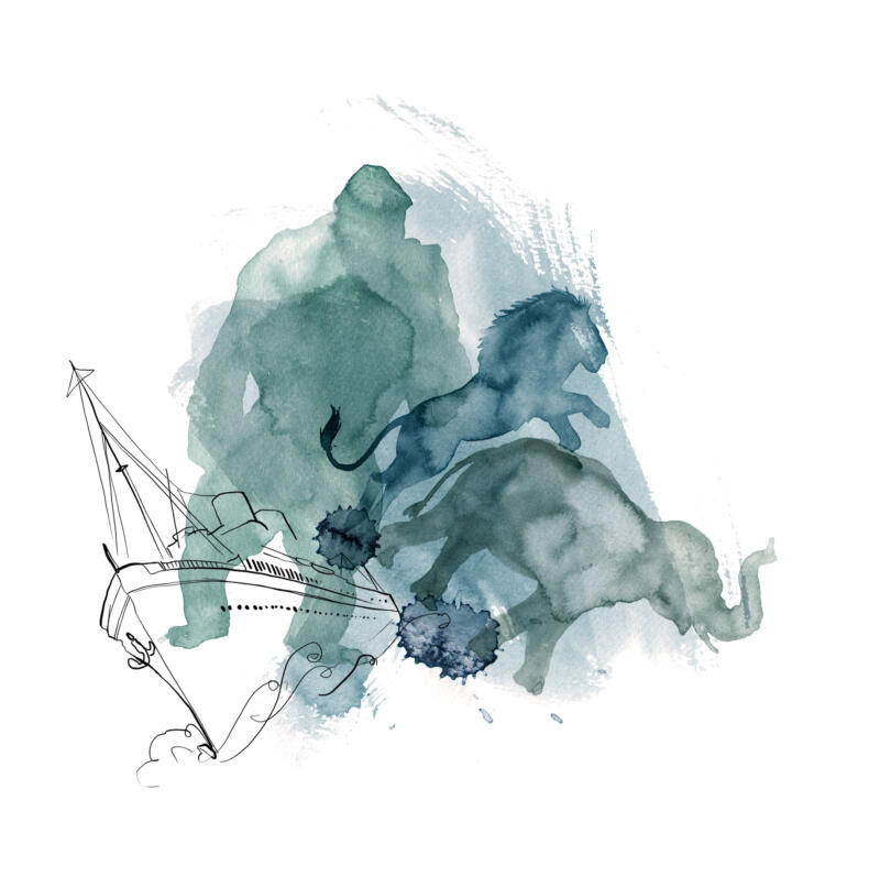 Illustration av skepp, gorilla, elefant i en storm