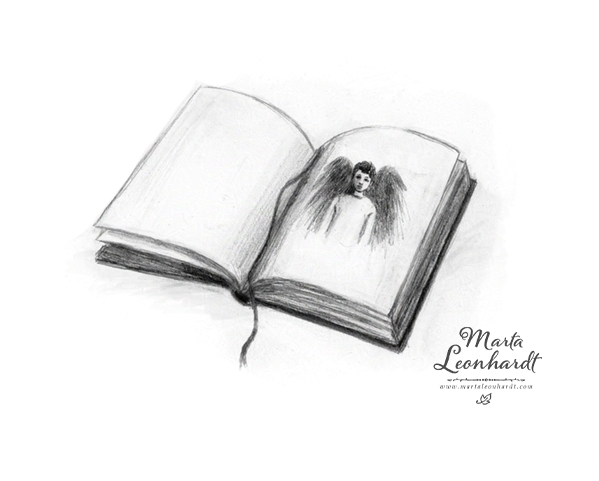 Mindre illustrationer i kol för barnboken "Skrothandlerens datter" som jag gjort tillsammans med den norske författaren Frode Eie Larsen. Bokillustration, svartvita spot illustration, detalj. Uppslagen bok. Illustration av en bok.