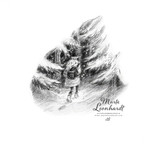 Mindre illustrationer i kol för barnboken "Skrothandlerens datter" som jag gjort tillsammans med den norske författaren Frode Eie Larsen. Bokillustration, svartvita spot illustration, detalj. Flicka i skog och snö.