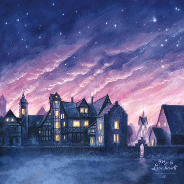 Nattväktarnas hemlighet, illustration i akvarell till en teaterföreställning i uppsättning av Teater Sagohuset på Kulturen i Lund.