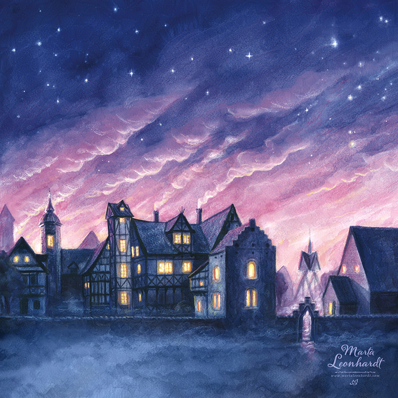 Nattväktarnas hemlighet, illustration i akvarell till en teaterföreställning i uppsättning av Teater Sagohuset på Kulturen i Lund.