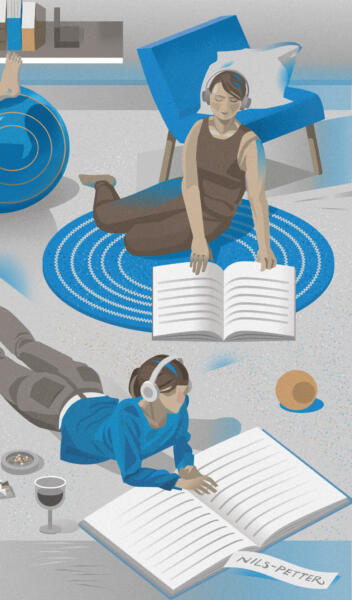 Illustration by swedish illustrator Nils-Petter Ekwall : close-up of young adults in relaxed study scenes, reading books and listening to audiobooks. Calm, soft colors with multiple figures creating a harmonious learning environment.