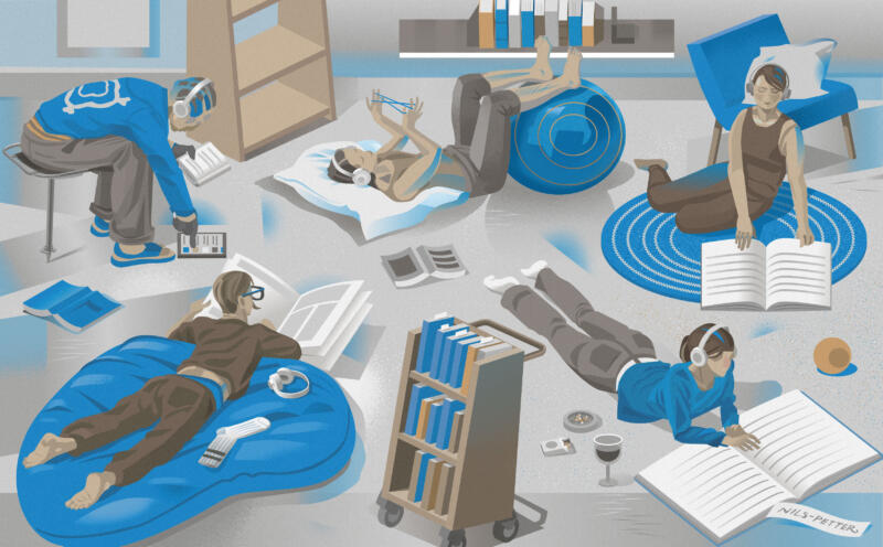 Editorial illustration by Swedish illustrator Nils-Petter Ekwall: vibrant scenes of young adults exploring audiobooks and language learning, featuring multiple characters in dynamic, relaxed study environments.