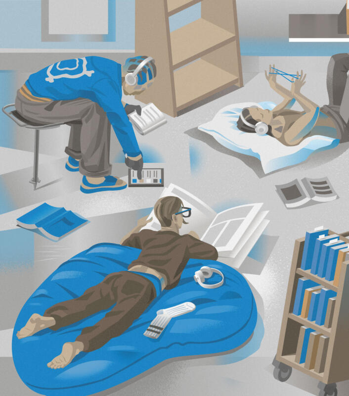 Editorial illustration by Swedish illustrator Nils-Petter Ekwall: close-up of young adults engaging with audiobooks and language learning, multiple characters in relaxed, colorful study scenes.