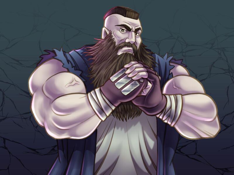 Stor musklig kille med långt mörkt skägg och mohawk som knäcker med knogarna.