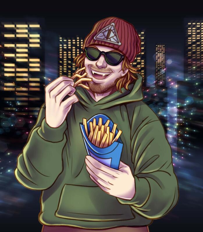 Kille med munktröja och mössa som äter pommes frites mot en bakgrund av nattliv i en storstad.