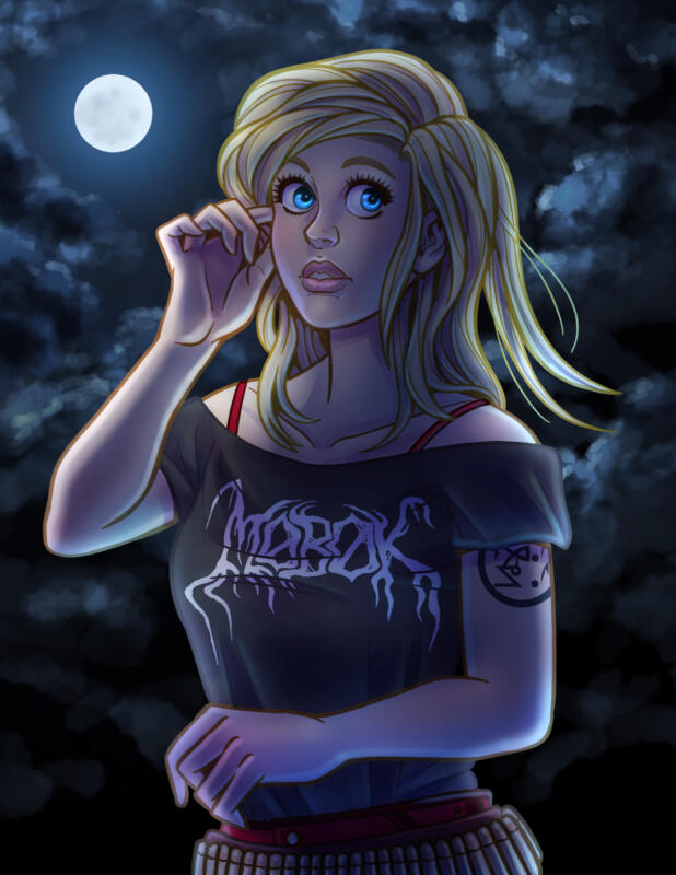 Blond tjej med blackmetal t-shirt mot en molnig bakgrund med fullmåne.