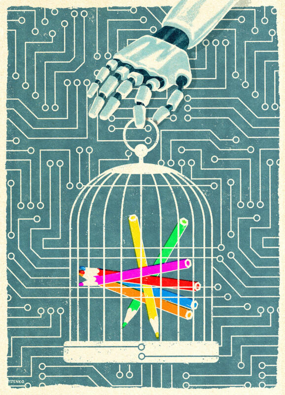 An image created for Svenska Tecknare (a trade union that organizes and represents visual creators in Sweden) for their participation in Madrid at the EIF’s (European Illustrators Forum) annual meeting. The topics for the meeting are on generative AI and its impact on; sustainability, diversity, copyright as well as economy and mental health.