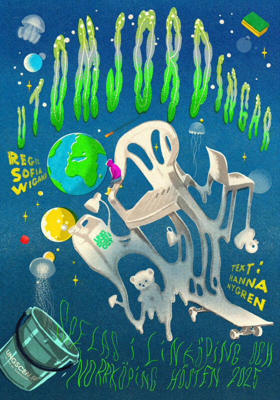 Poster for the theatre play "Aliens" at Ung Scen Öst, fall 2025. Text: Hanna Nygren, Direction: Sofia Wigand