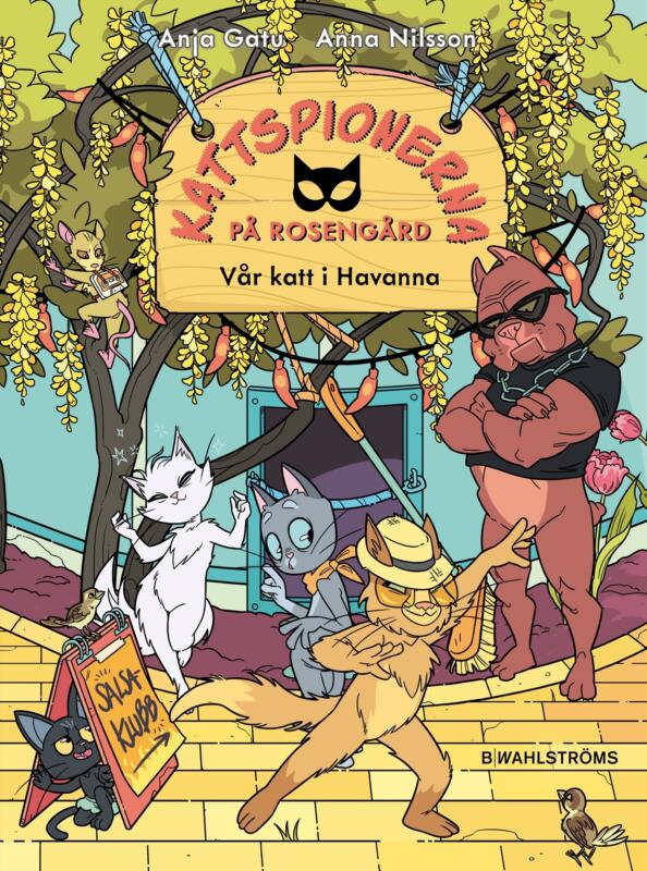 Omslagsbild från bokserien Kattspionerna på Rosengård föreställande dansande katter framför en salsaklubb