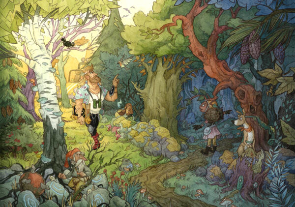 Inlageillustation, Akvarell med magisk skog och monsterjägare