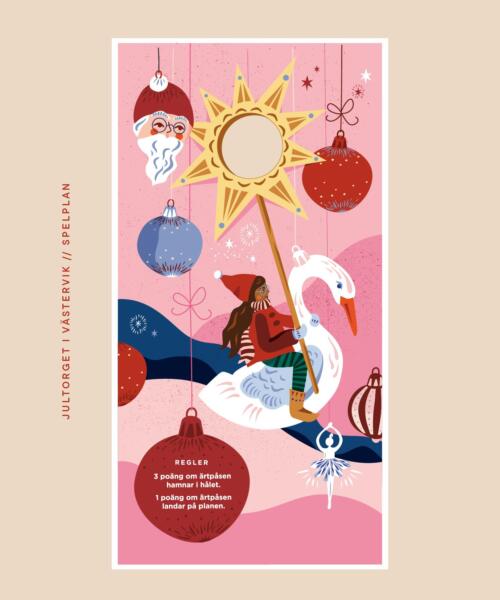 Bild av tomtenissa som rider på en svan i julnatten inringat av julpynt, tomten, snölandskap och stjärnhimmel