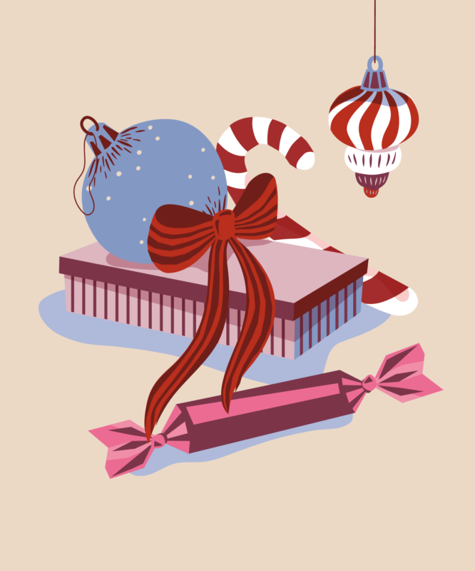 Julstämning med julklappar, polkagrisar, julgranskulor, smällkaramell och paket.