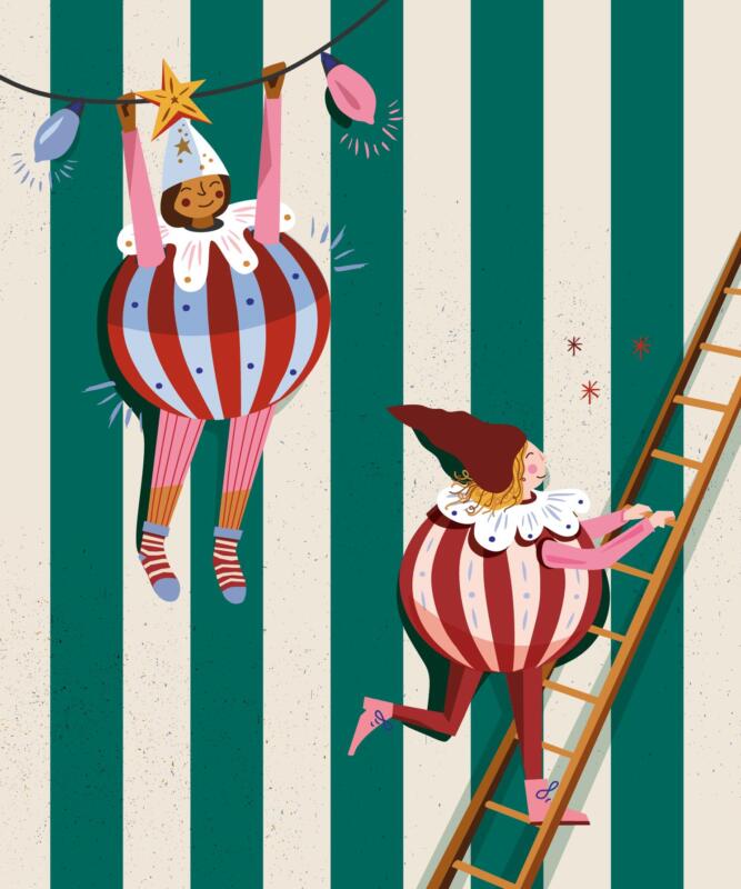 En tomtenisse som hänger i en ljusslinga och en som klättrar på en stege. Båda lekfullt iförda en julkuledräckt. I bakgrunden är ett randigt mönster. 