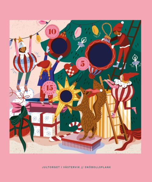 Illustration av en julgran som kläs av barn och djur. I granen hänger julkulor, ljusslingor och julpynt. Under granen ligger paket